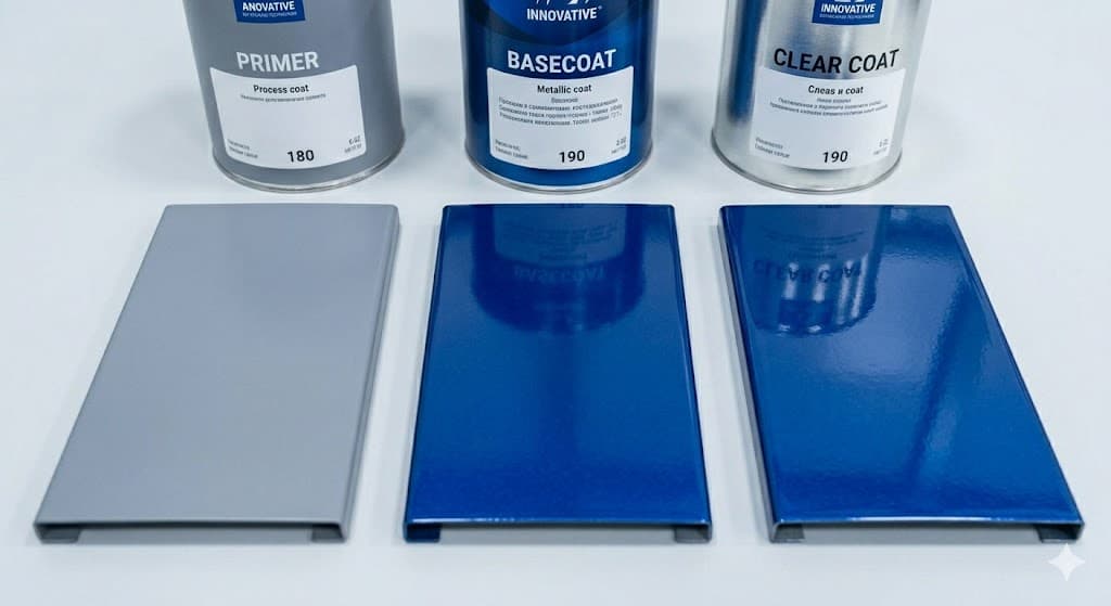 Primer, basecoat and clear coat tins standing behind the three matching test panels they produced