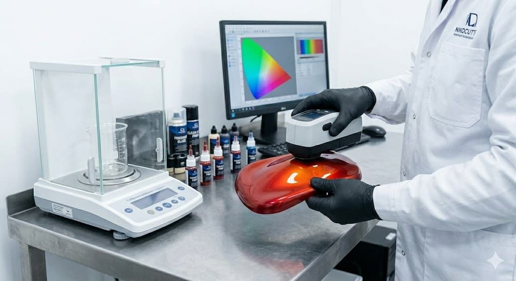 A spectrophotometer being held against a red painted panel to read its colour, with the reading shown on a monitor alongside
